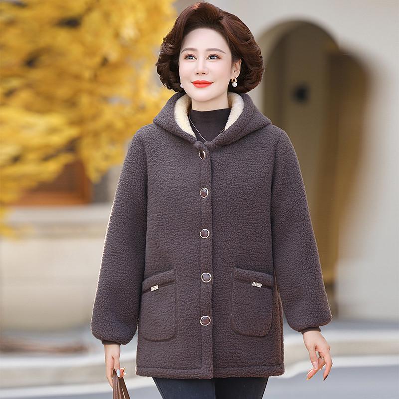 Mamas Herbst-/Winter-Kapuzenjacke aus Lammwolle für Damen, Plüsch-Samt, Verdickte warme Baumwolle für mittlere und ältere Menschen, Strukturierter Samt