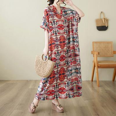 DIMANAF 2025 Summer Dress New Vintage V-Neck Printing Short Sleeve Casual Loose Women Plus Size Dress Maxi