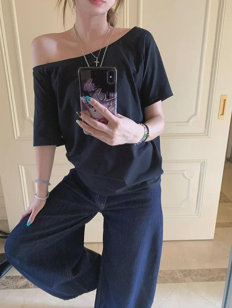 Women's Casual Off-Shoulder Short-Sleeve Top - Gray/Black