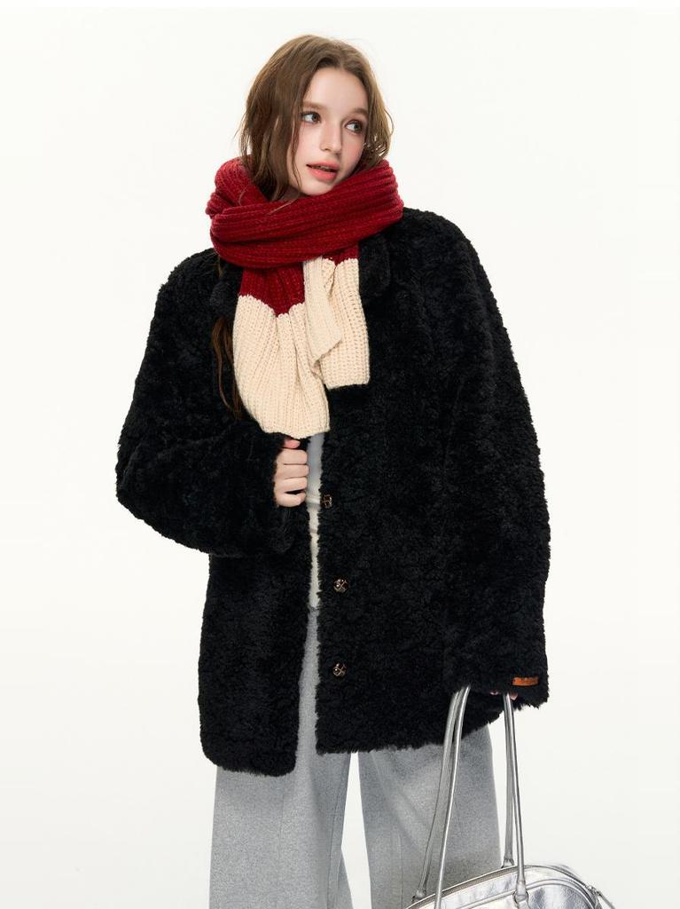 [Oat Black Qiao] Stand-up collar loose circle wool environmentally friendly wool thickened coat jacket