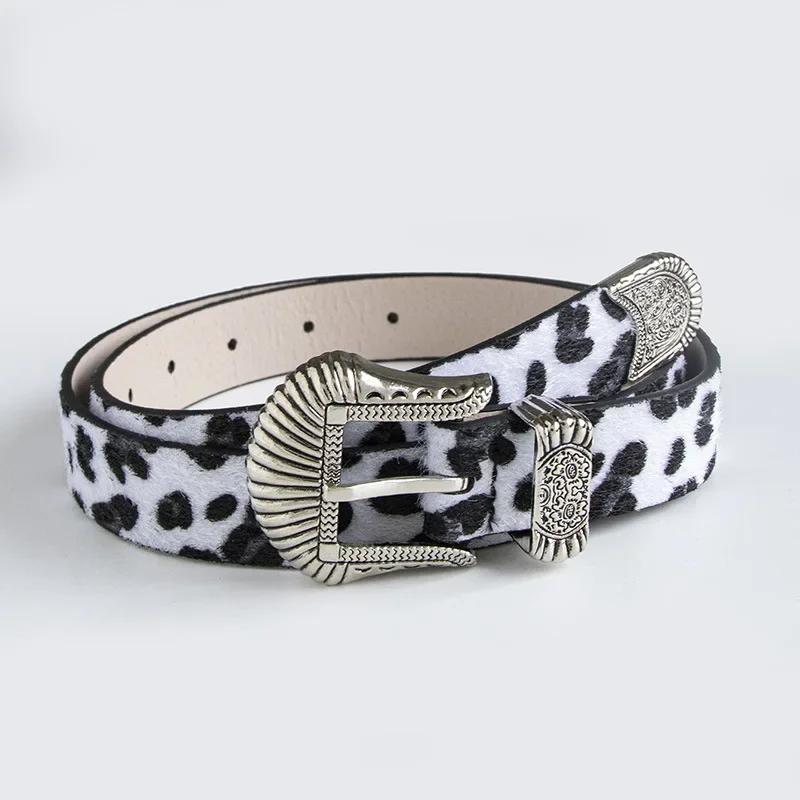 

Dopamine Western Buckle Belt–European & American Retro Style Carved Design Imitation Horse Hair with Leopard Print for Fashion 100cm