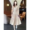 New Loose Belly Cover Foreign Style Medium and Long Thin Waist Splicing Short-sleeved Crew Neck Dress In Summer