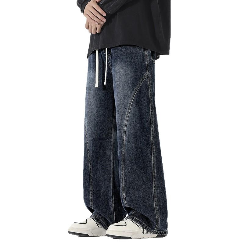 American High Street Trendy Brand Splicing Elastic Waist Jeans Men's Trend Versatile Loose Wide Legs Drape Straight Trousers