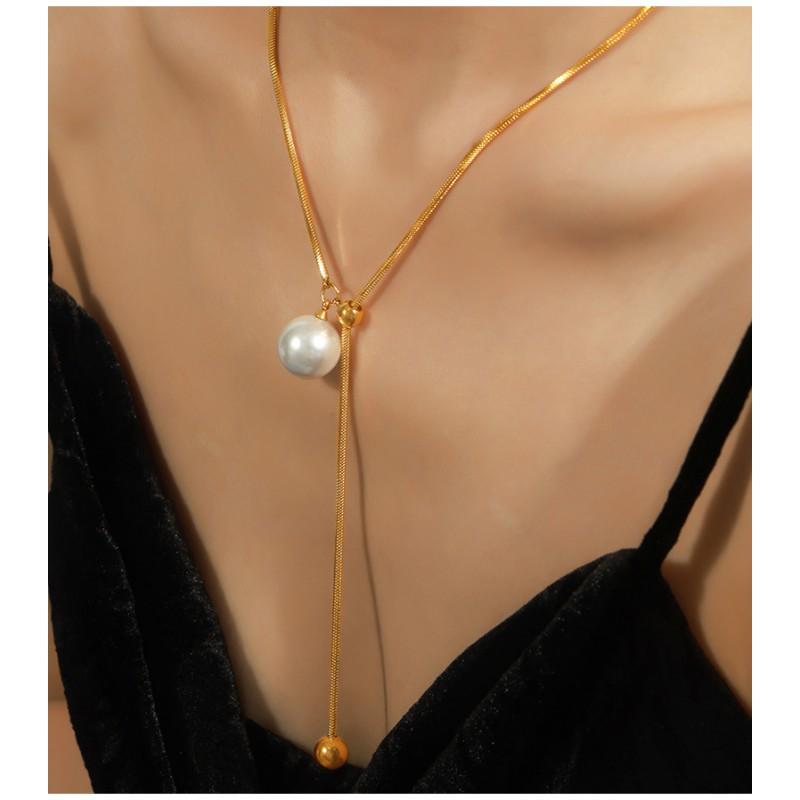 French Minimalist Style Pearl Pendant Necklace Titanium Steel Snake Chain Adjustable Women
