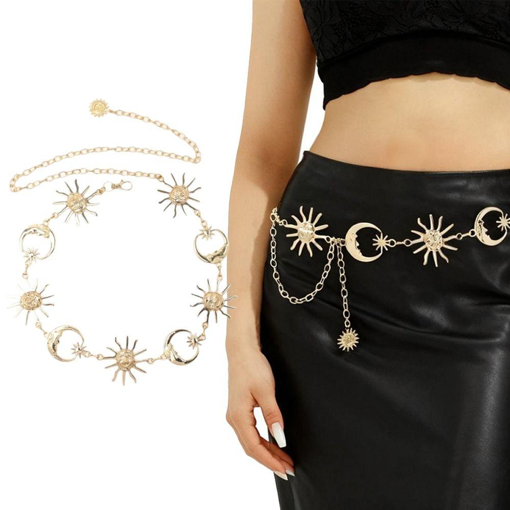 Vintage Sunflower Waist Chain Golden Silvery All-match Sun Moon Star Chain Belt Waistbands Women's Waist Clothing Accessories