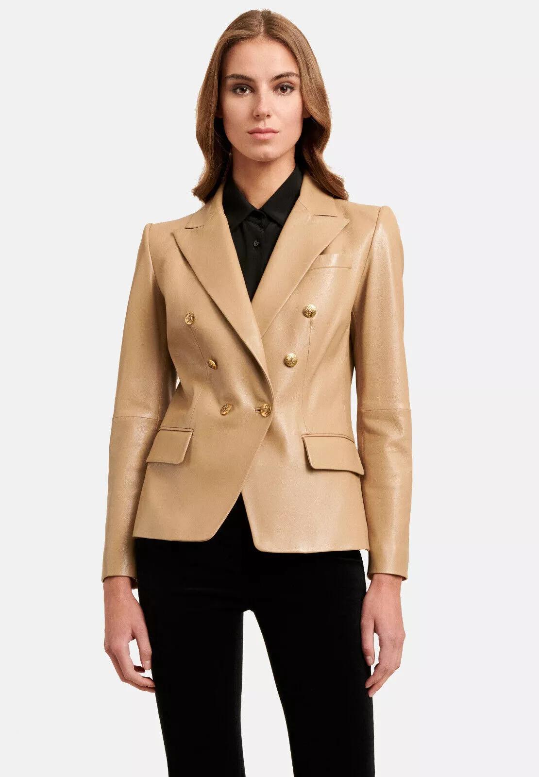 

Leather Classic Women BEIGE Party Blazer Stylish Button Real Genuine Lambskin 3XL