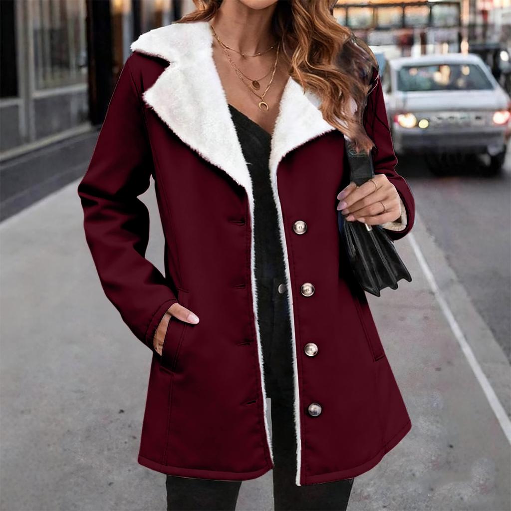 Damski modny płaszcz o średniej długości z kołnierzem z polaru w jednolitym kolorze o kroju oversize