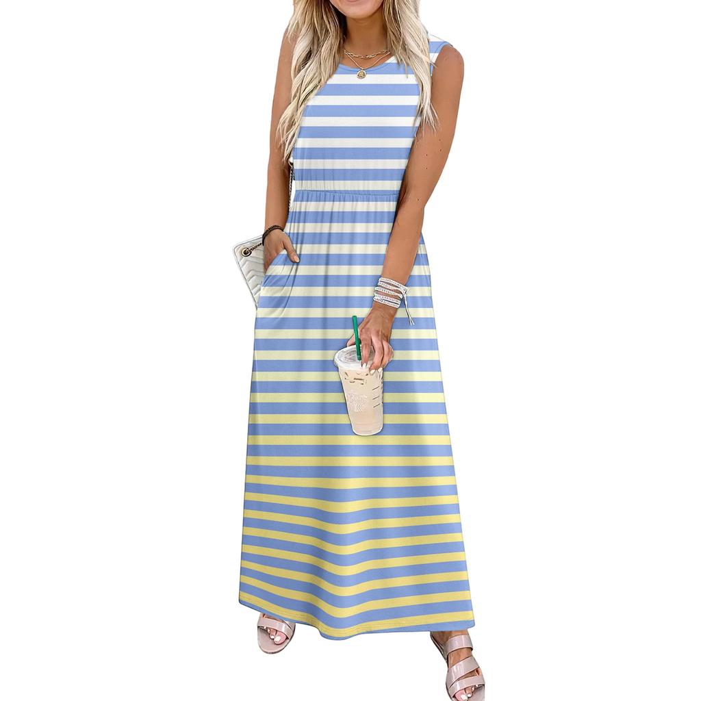 Ladies' striped printed casual and fashionable waist cinched sleeveless dress
