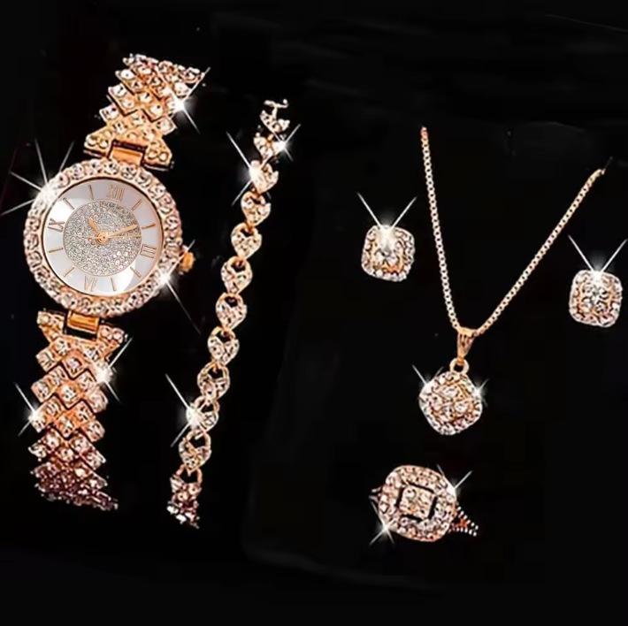 New Korean Version Of Women'S Watch Women'S Alloy Full Diamond Quartz Bracelet Set