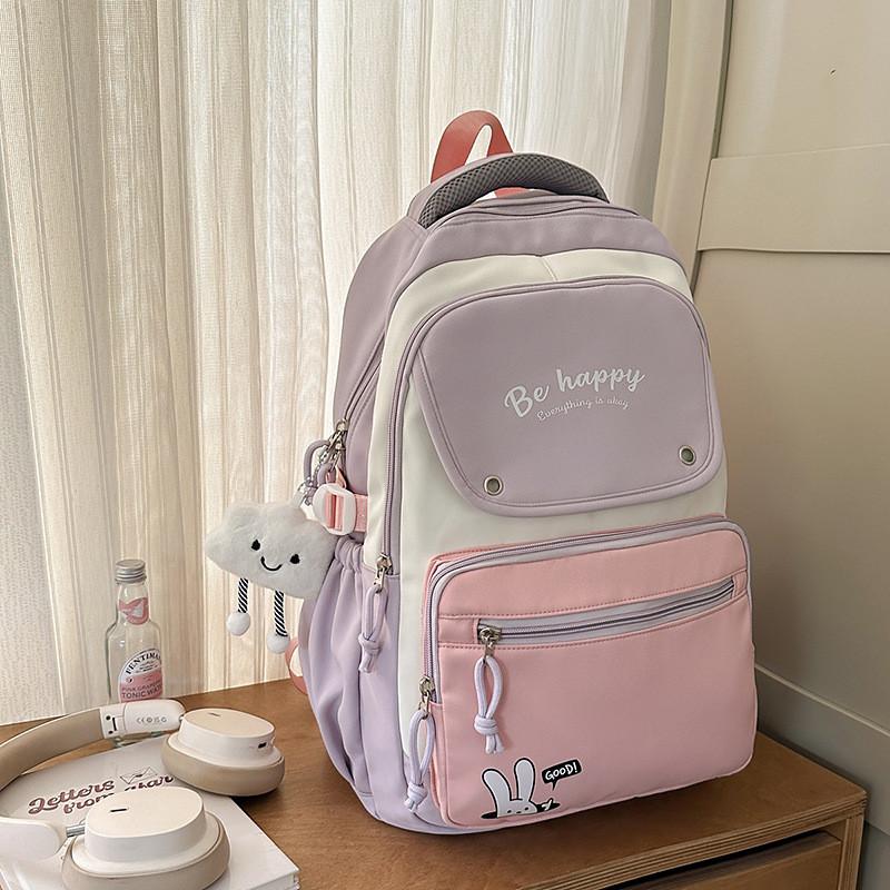 Lightweight Letter Nylon Backpack With Colorblock Design For Unisex Daily Use