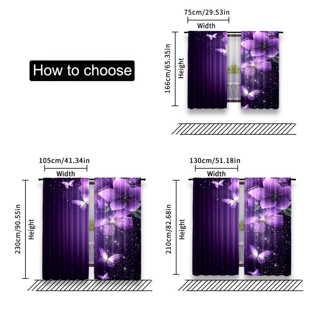 2Pcs Purple Vibrant Dancing Butterflies And Flowers Printed Curtain Suitable For Bedroom Bathroom Living Room Dining Room Study