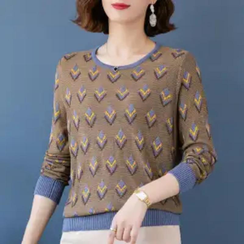 Autumn Winter Women Round Neck Middle-aged Mothers Jacquard Color Tops Knitted Bottoming Shirts Foreign Style Sweaters