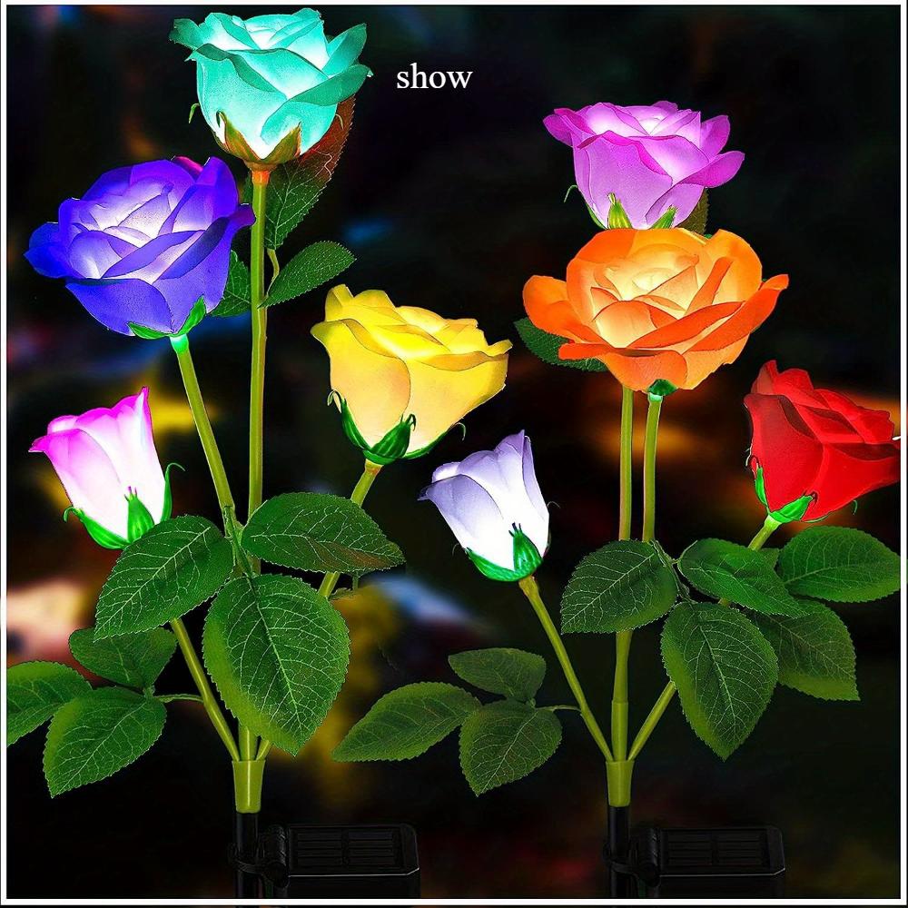Solar Garden Lights - Outdoor Solar Lights, 7-Color Color Changing Rose Lights, Garden Decor, Enlarged Solar Panels, More Realistic Roses