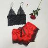 2PcsSet Women'S Pajamas Underwear Sexy Silk Satin Lingerie Women'S Sexy Lace Halter Top Shorts Pajamas Set