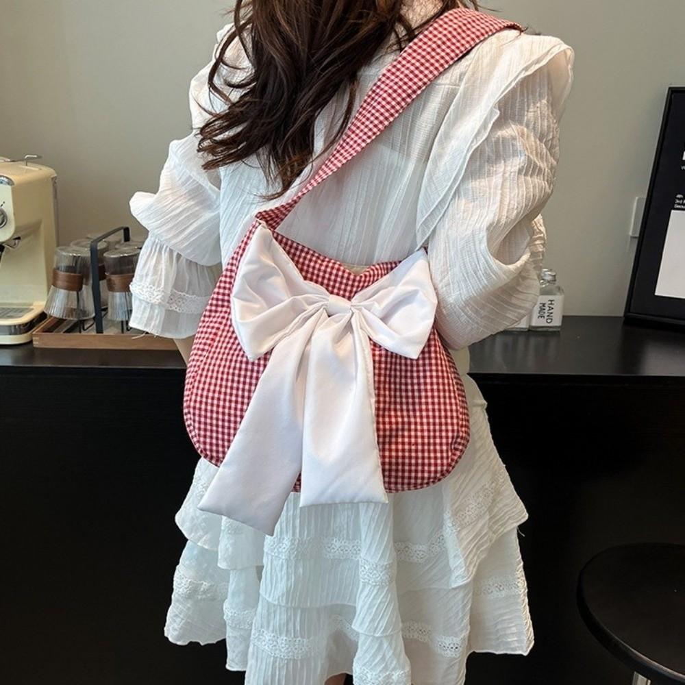 Lattice Bow Shoulder Bag Japanese Style Canvas Tote Bag Portable Plaid Shoulder Bag  Girl