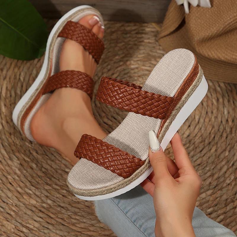 Fashion PU Leather Woven Wedge Sandals for Women 2025 Summer Fashion Platform Slippers Woman Casual Comfortable Outdoor Beach Sandalias