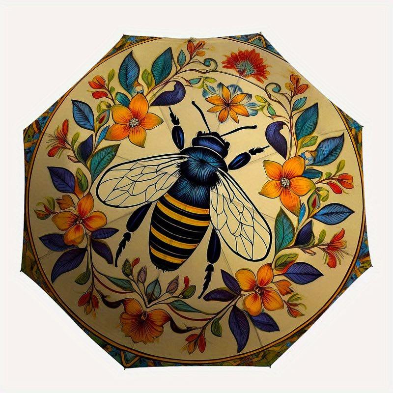Colorful Bee and Floral Decorative PlateUmbrella with Cute Design, Portable 3-Fold Compact Umbrella for Men & Women, Valentine's Day Mother's Day Hall