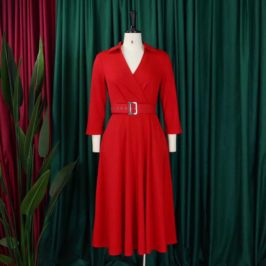Large Size Women's Autumn New Lapel Fashion Temperament Solid Color Swing Skirt Dress