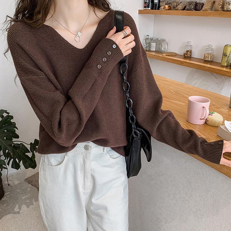 Autumn V-neck Knitted Bottoming Shirt Women's Solid Color Loose Casual Versatile Sweater Jacket Top Splicing Design
