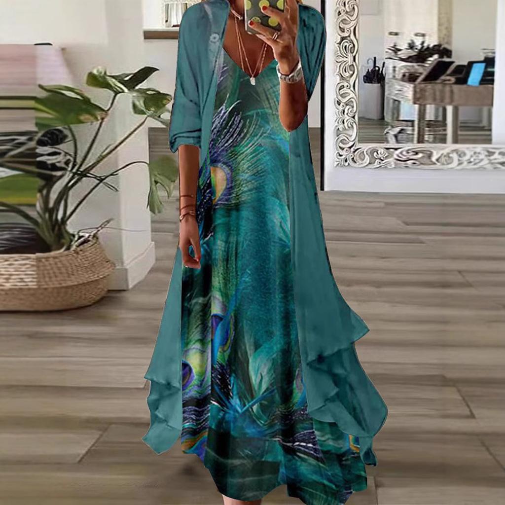 Floral Print Long Sleeve Maxi Dress with Blue Cardigan, Red Shoes, and Bracelet
