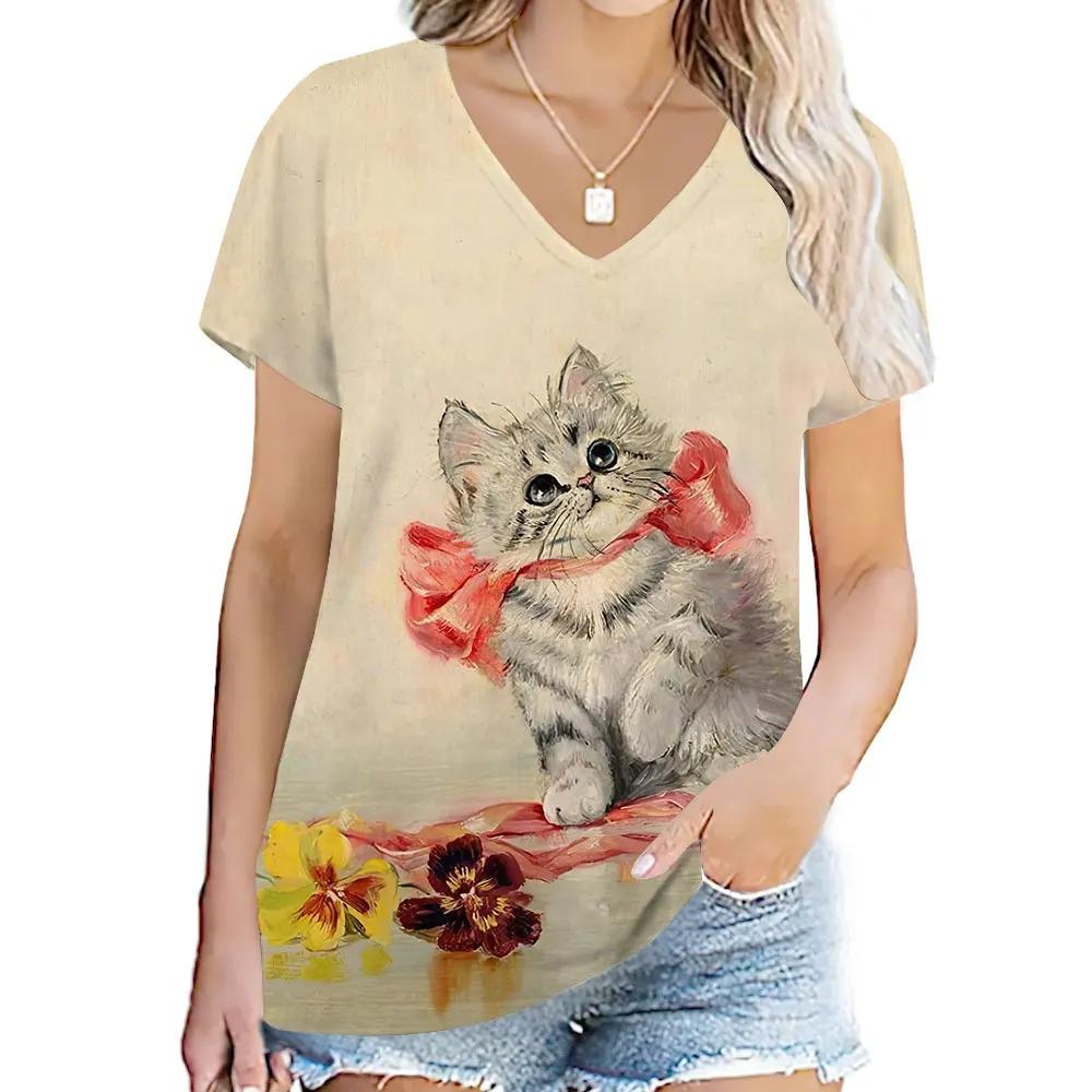 Cute Cat 3D Digital Printed Women's Casual and Comfortable V-neck Short Sleeved T-shirt