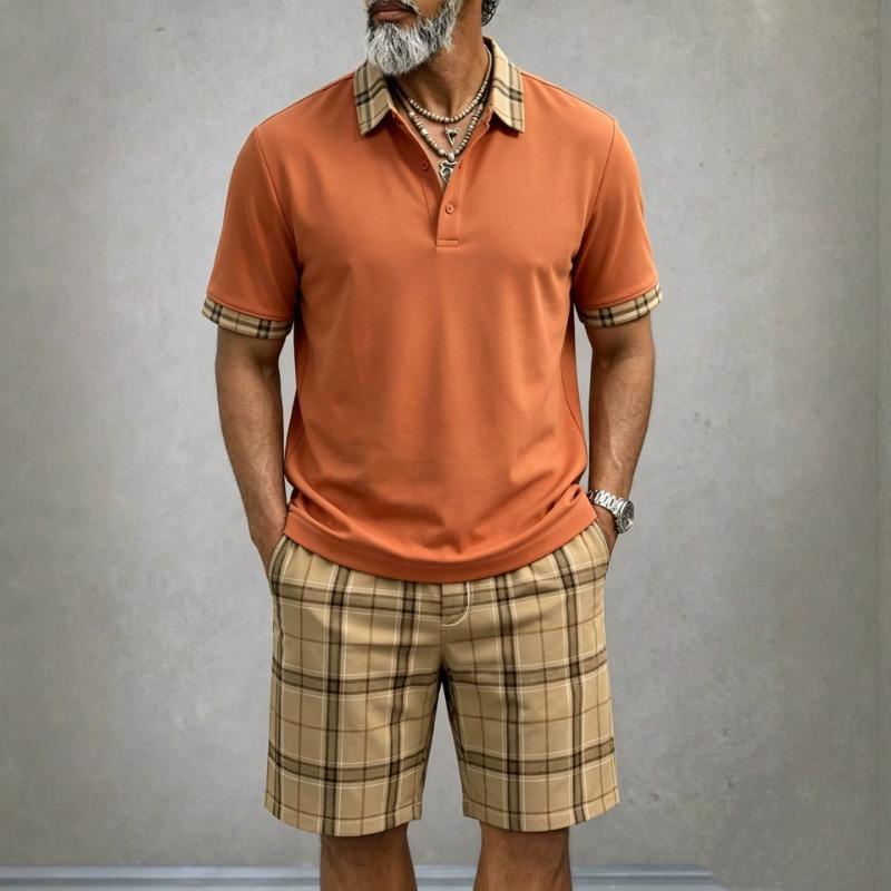 Men Casual Plaid Short Sleeve Polo Shirt And Shorts Outdoor Sports Set