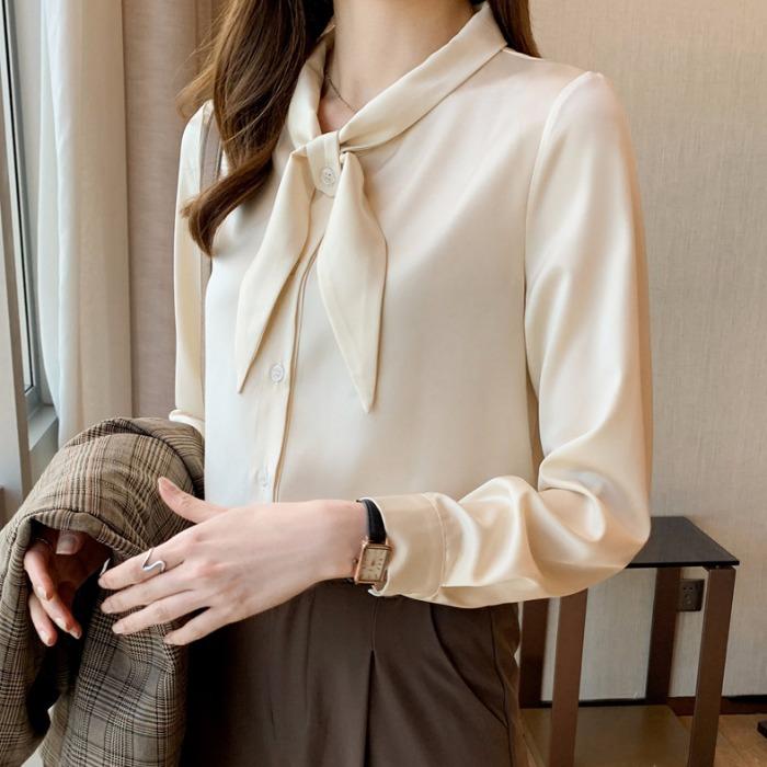Bow White Shirt for Women with Long Sleeve Spring and Autumn Satin Professional Formal Wear Work Clothes Top Design Niche