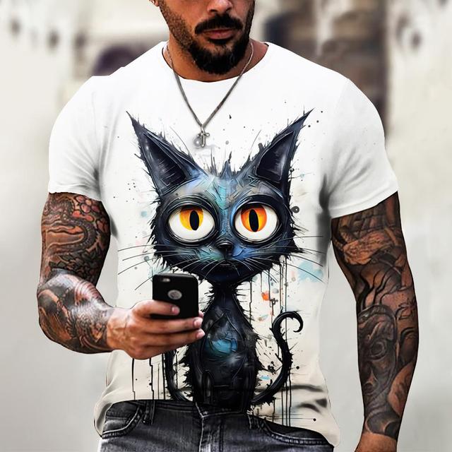 Men's T-Shirt Animation Cat Graffiti Pattern Short Sleeve T-Shirt Animal Print Tops Oversized Tees Summer Men's Clothing 4XL