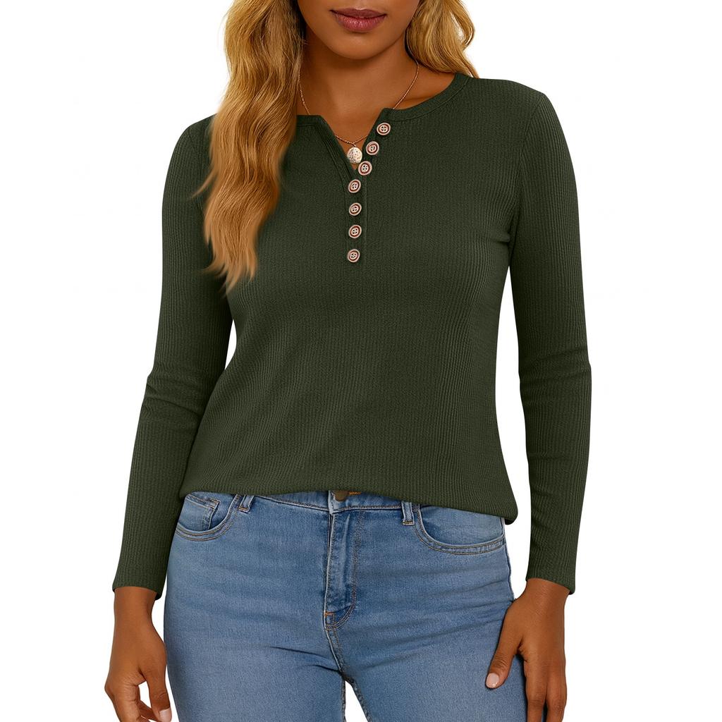 Modisches lässiges Damen-Pullover-Oberteil mit Rundhalsausschnitt, langen Ärmeln, Knöpfen und schmaler Passform