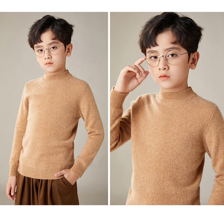 Pure Wool Sweater for Kids: Half-High Collar, Autumn/Winter Warm Knit, Unisex, Plain Color, Medium/Older Children