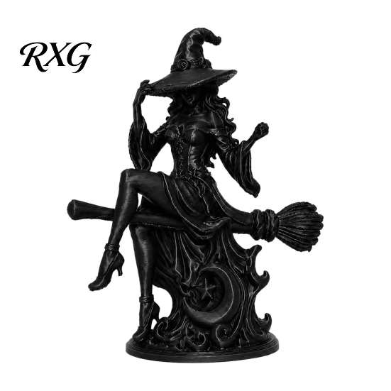 Halloween Party Table Centerpiece Gothic Witch On Broom Statue, 3D Printed Spooky Tabletop Figurine for Decoration Home Party, Black Desk Decor