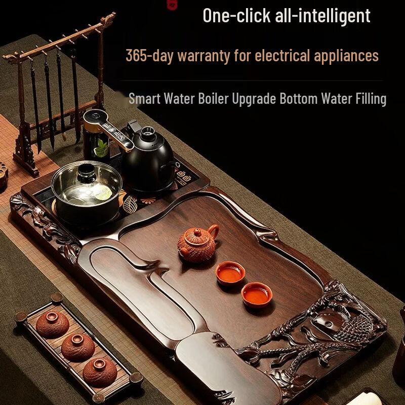 Jiakangming Solid Ebony Wood Automatic Tea Tray & Kettle Set