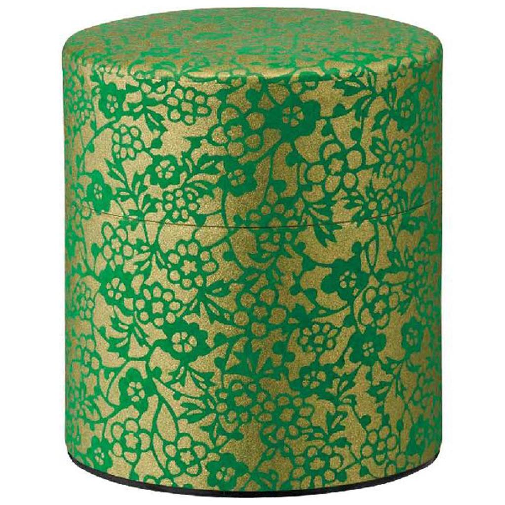 Kotodo Takahashi Seisakusho Tea Caddy, Japanese Paper and Dyed Tea Caddy, Flat, 200g, Vine Flower #81, Gold with Green Flowers
