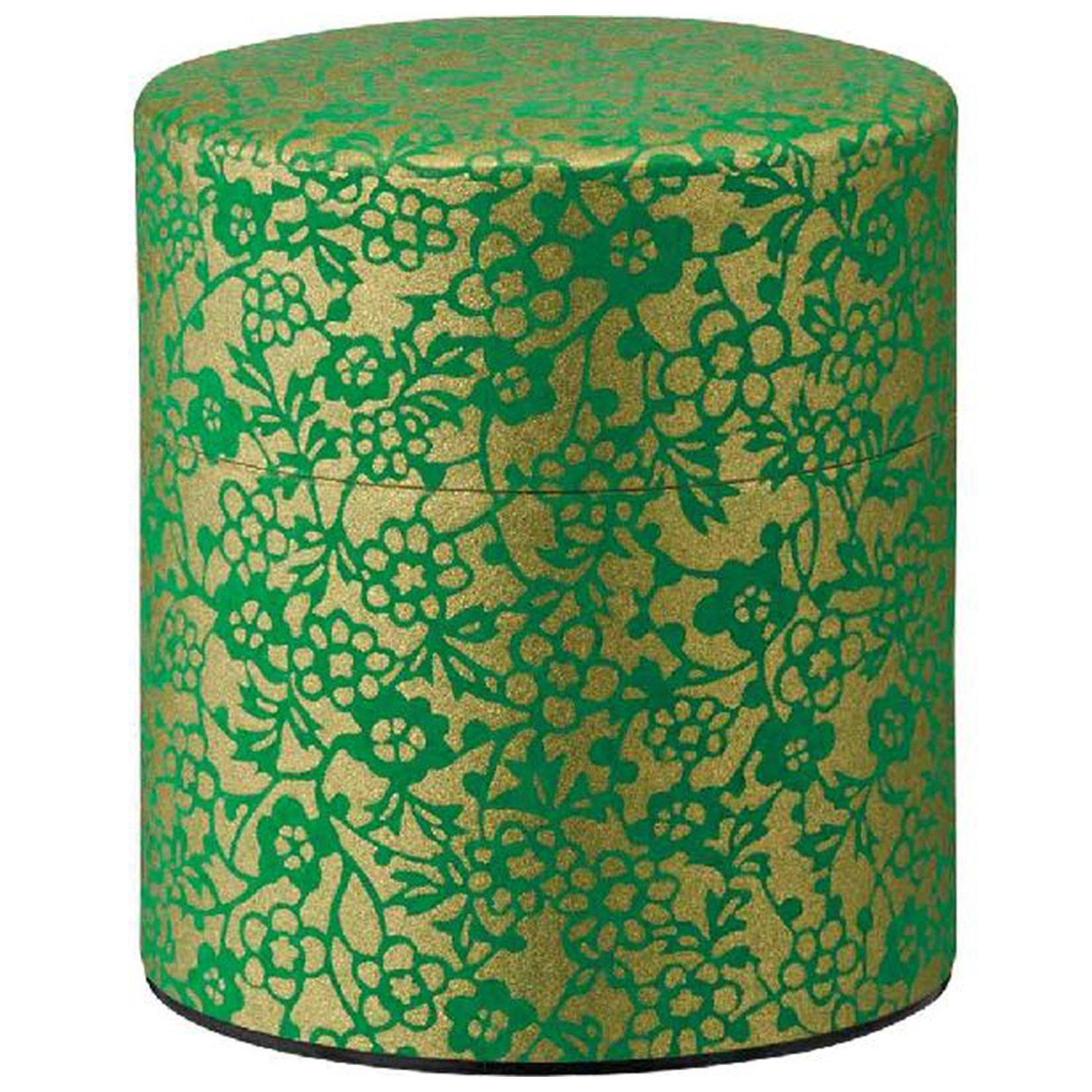 

Kotodo Takahashi Seisakusho Tea Caddy, Japanese Paper and Dyed Tea Caddy, Flat, 200g, Vine Flower #81, Gold with Green Flowers