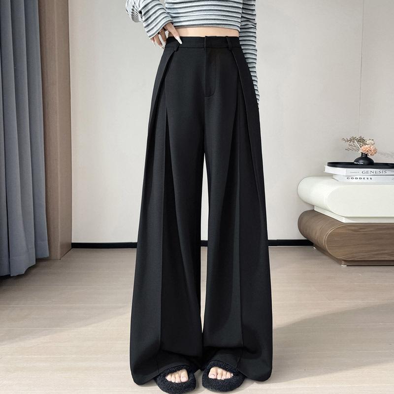 Women's High Waist Wide Leg Pants Straight Trousers Elegant Pleated Solid Polyester Suit Pants For Daily Casual Wear
