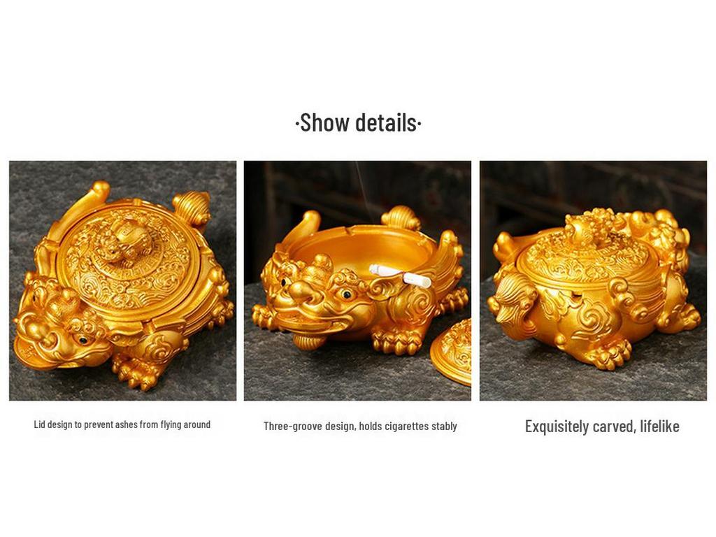 Golden Toad Resin Ashtray with Lid - Chinese Style Ornament for Home, Office, or Tea Table
