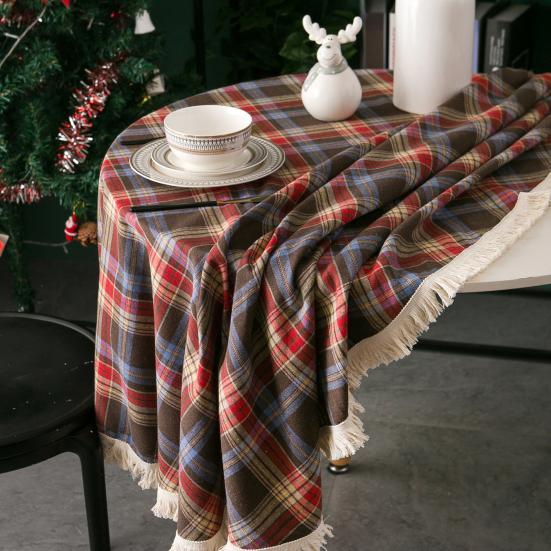 Christmas Round Tablecloth Plaid Tassel Tablecloth Home Party Wedding Thanksgiving Birthday Decoration