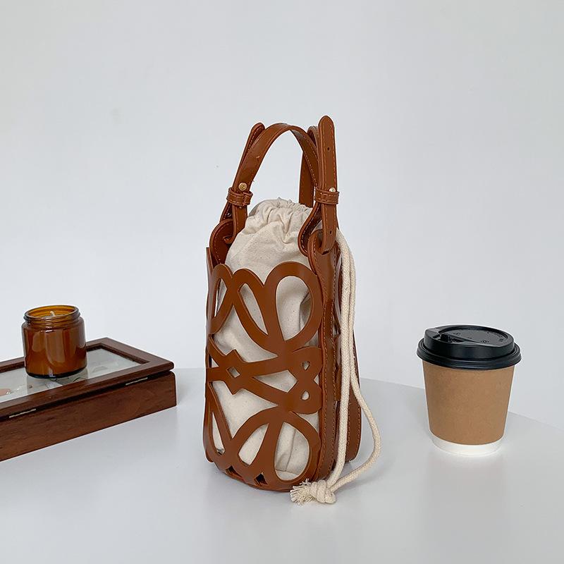 

Французская трендовая полая сумка-ведро на кулиске, женская универсальная холщовая сумка через плечо, повседневные сумки кроссбоди для женщин, подарки коричневый