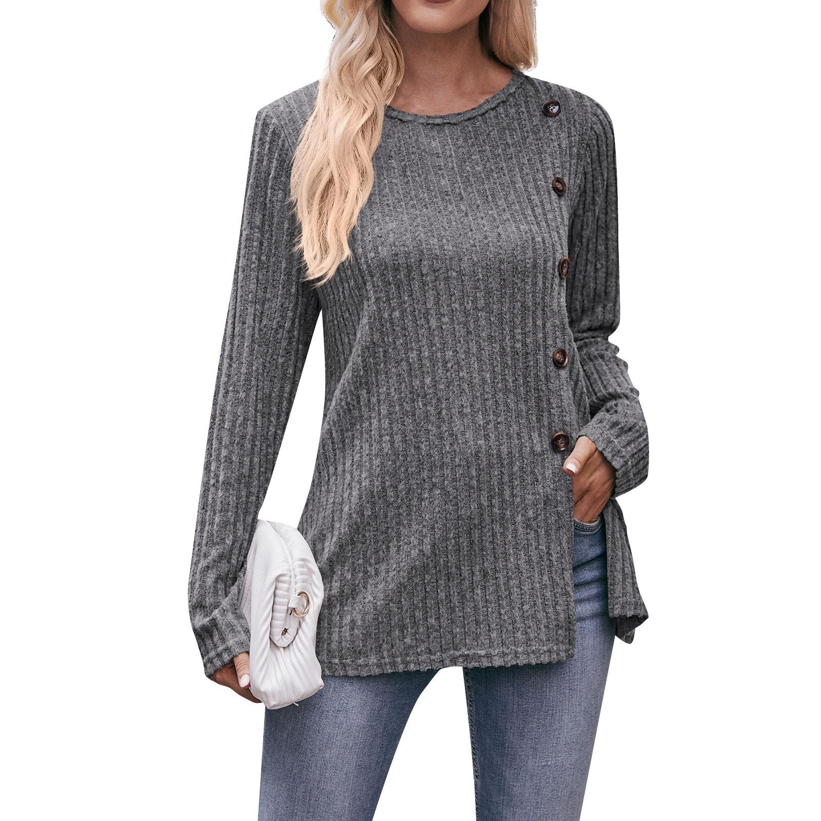 

Женская однотонная модная футболка с круглым вырезом и разрезом, топ на пуговицах M