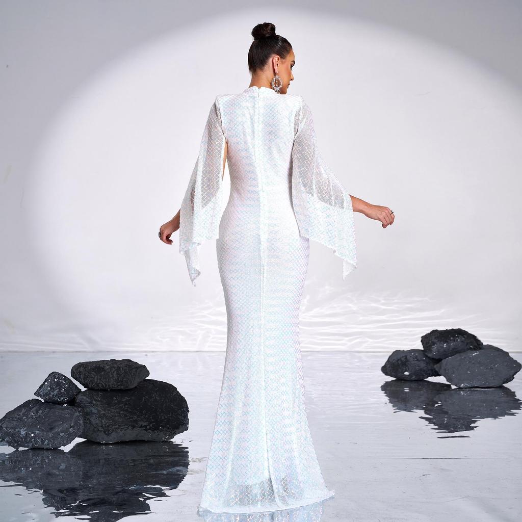 Elegantes Pailletten-Abendkleid mit Rundhalsausschnitt und langen Ärmeln für Brautjungfern