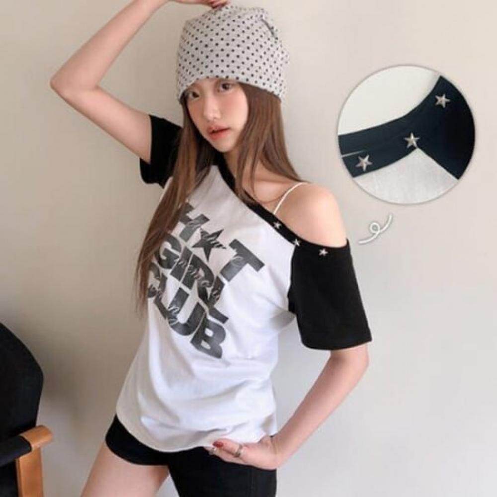 The Pink Loose FiT STar RiveT PrinTing AsymmeTrical One Shoulder T shirT