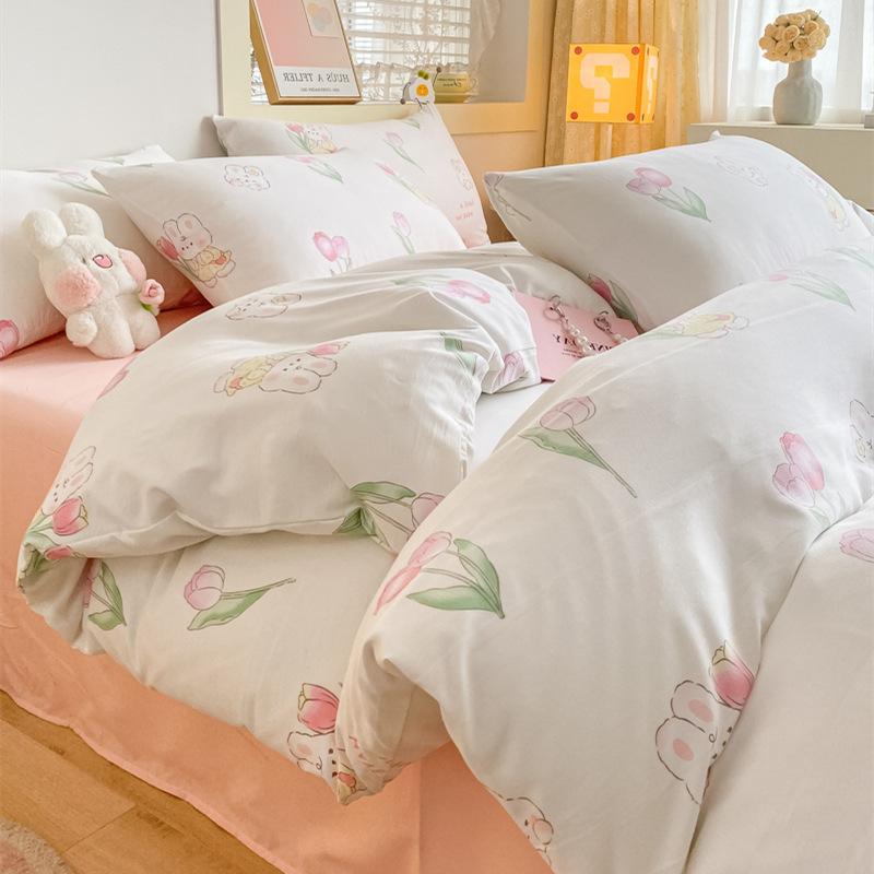 Washed Cotton 4Pcs Dormitory Small Fresh Naked Sleeping 3Pcs Double-Layer Yarn Bed Sheet Quilt Cover