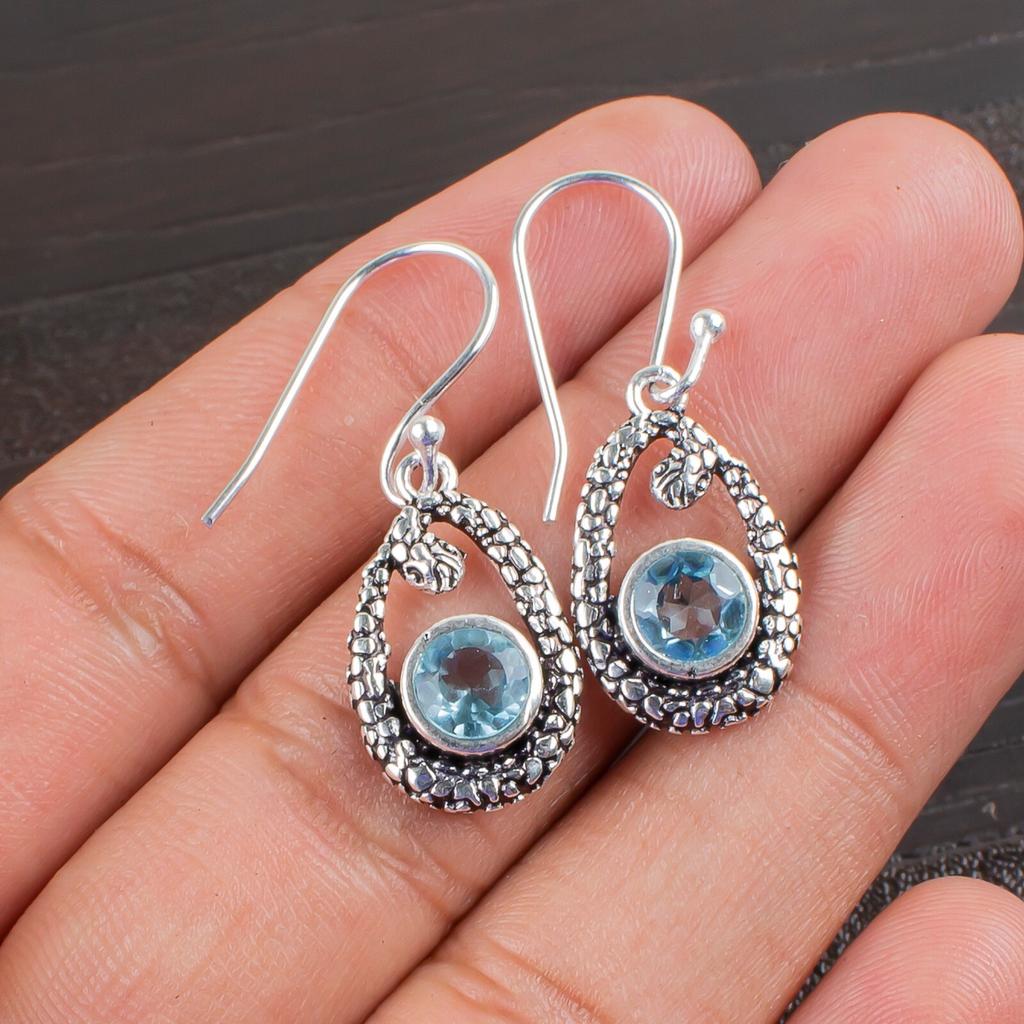 Sky Blue Topaz Gemstone 925 Sterling Silver Jewelry Earrings 1.38" Mother's Gift CE-3-15