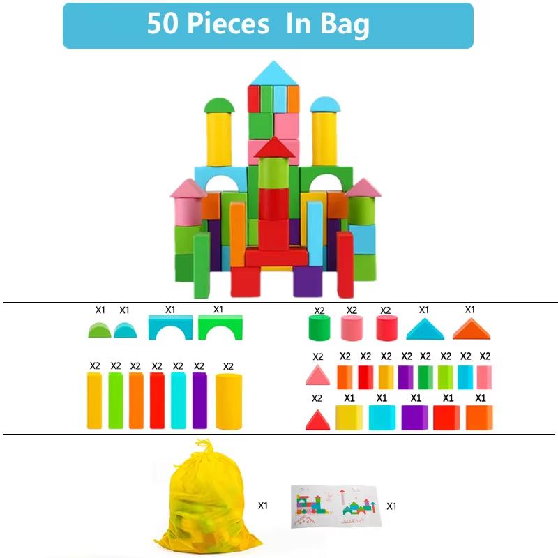 Wooden Building Blocks Set with Storage Bag Wooden Toys for Kids Assembled Building Blocks Early Educational Toys Birthday Gift