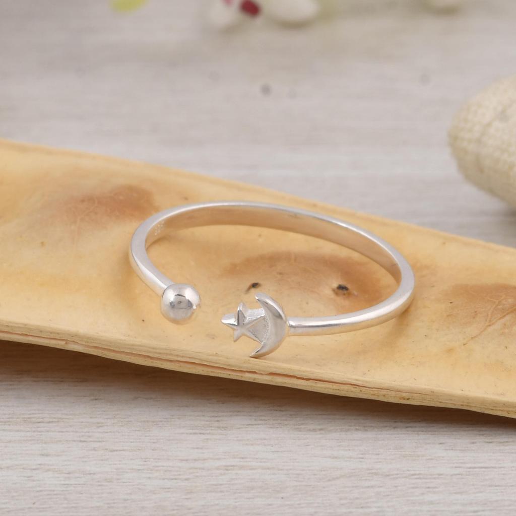 Moon and Star Ring, 925 Sterling Silver Celestial Ring, Minimalist Moon Star Open Ring, Dainty Adjustable Silver Ring, Celestial Jewelry Gift