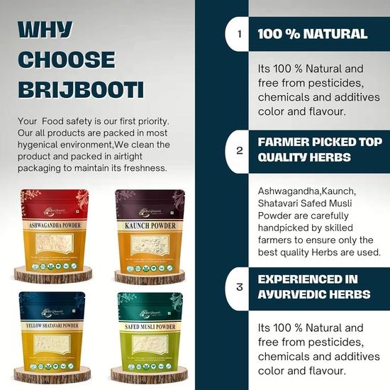 Birju Mahavir Combo Pack of Safed Musli Ashwagandha Kaunch Shatavari 100 Each, Multi-colored, Powder, 400 Gram