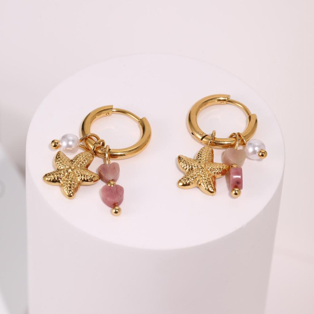 Orecchini a clip a forma di stella marina e conchiglia placcati oro in acciaio inossidabile – Stile vacanza oceanica europeo e americano