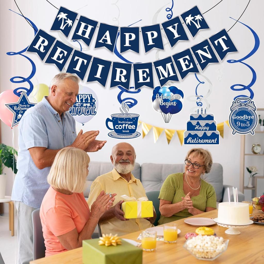 Happy Retirement Party Decorations - Retirement Banner Hanging Swirls Kit for Men Women (Blue)