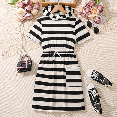 Girls' Fashion Dress 2025 Summer Children's Striped Hooded Short-sleeved Waist Dress