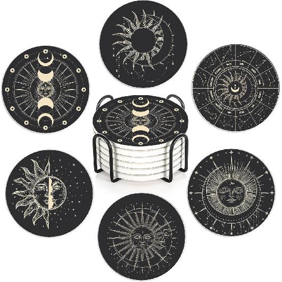 Drink Coasters with Holder,6 Pcs Moon Phases Absorbent Ceramic Coasters with Cork Base,Cute Funny Table Drinks Coasters,Table Home Decor,4 Inches
